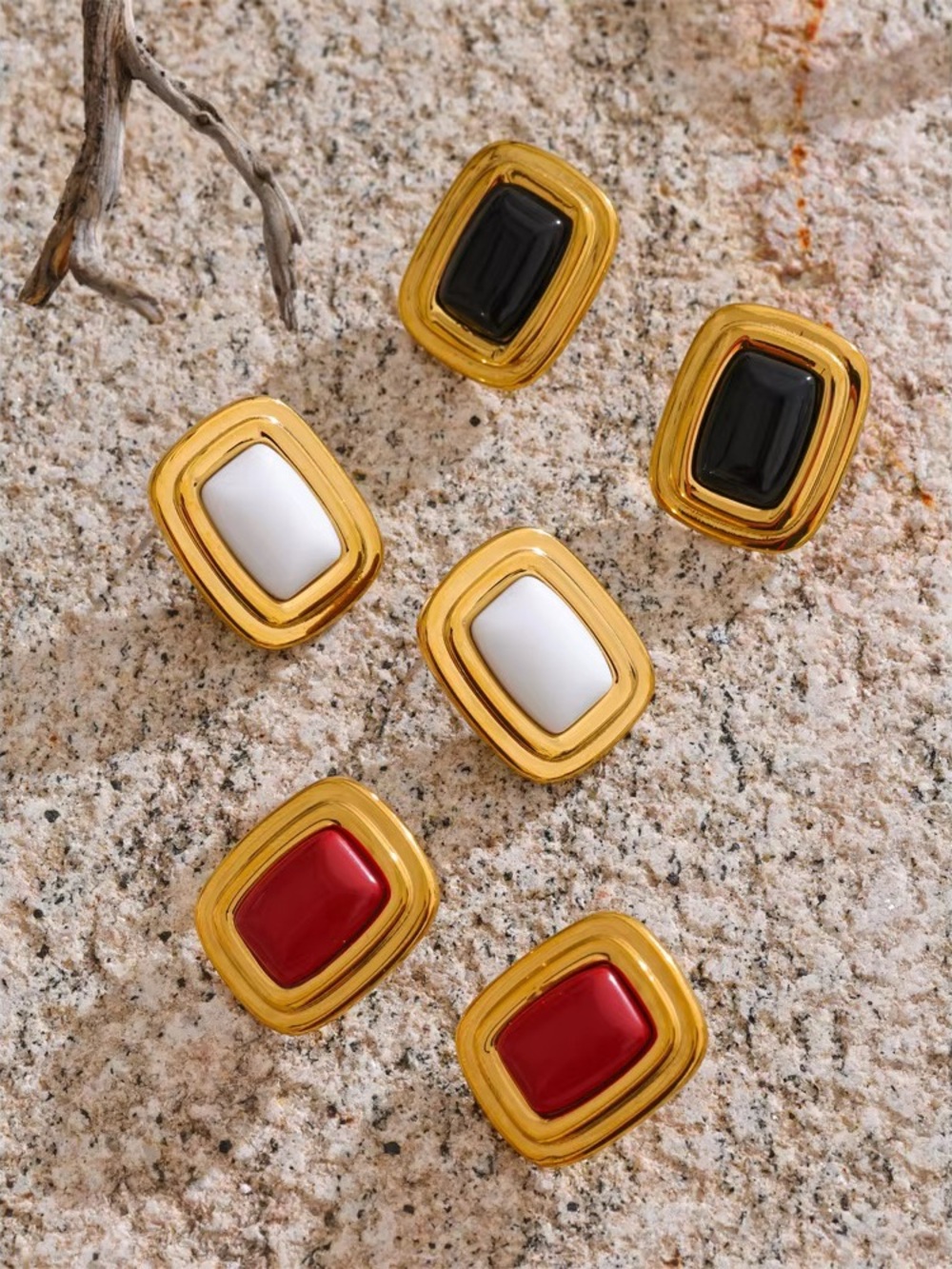 Gold-Plated Rectangular Cabochon Drop Earrings in Black, White or Red
